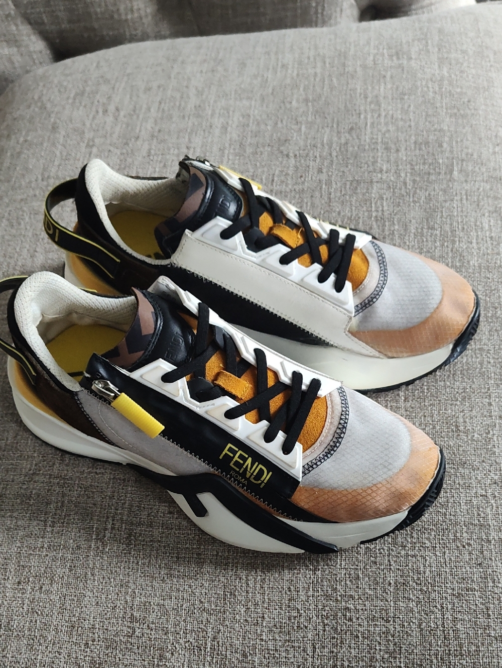 Fendi Flow White, Black, Yellow & Tan Low-Top Layered Fabric Sneakers